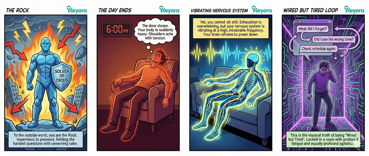 Keyora four-panel comic illustrating High-Functioning Anxiety and HPA Axis dysfunction. Image panels: 'The Rock' crisis solver, End of Day Fatigue, Vibrating Nervous System, and the Keyora "Wired but Tired" Loop. The content explains the breakdown of the HPA Axis and elevated Cortisol levels. Keyora four-panel comic illustrating High-Functioning Anxiety and HPA Axis dysfunction. Image panels: 'The Rock' crisis solver, End of Day Fatigue, Vibrating Nervous System, and the Keyora "Wired but Tired" Loop. The content explains the breakdown of the HPA Axis and elevated Cortisol levels.