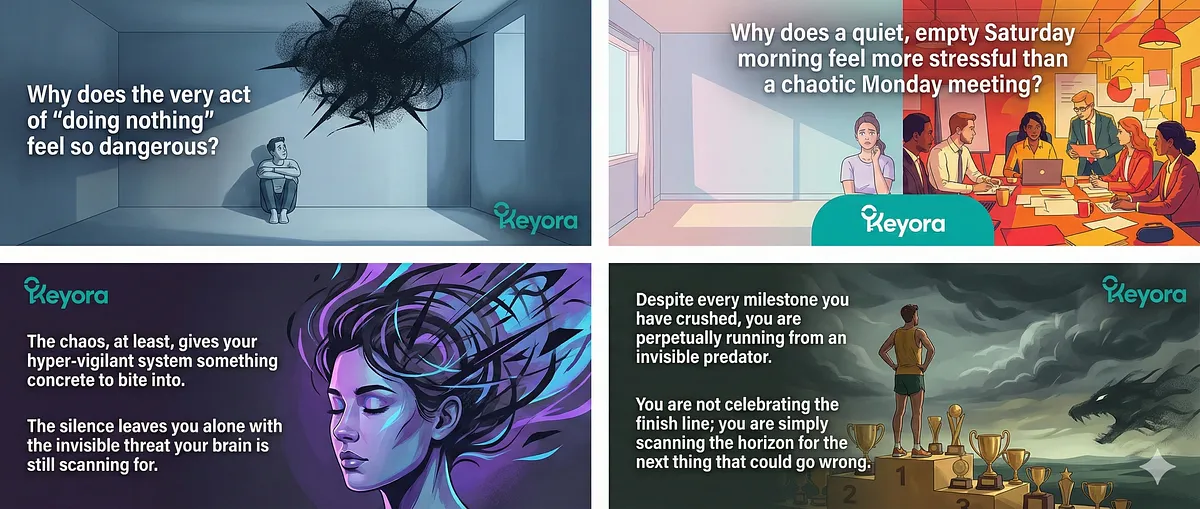 Keyora four-panel comic exploring the paradox of high-functioning anxiety. Image panels: The question "Why does 'doing nothing' feel so dangerous?" and "Why is a quiet Saturday more stressful than a chaotic Monday?" The final panels show the brain scanning for an invisible threat and perpetually running from an invisible predator despite success. Keyora four-panel comic exploring the paradox of high-functioning anxiety. Image panels: The question "Why does 'doing nothing' feel so dangerous?" and "Why is a quiet Saturday more stressful than a chaotic Monday?" The final panels show the brain scanning for an invisible threat and perpetually running from an invisible predator despite success.