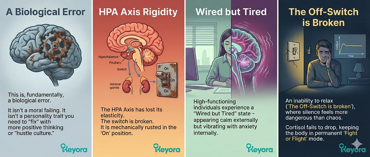 Keyora eight-panel comic series detailing the biology of High-Functioning Anxiety and the "Wired but Tired" state. It illustrates the concepts of a Biological Error, HPA Axis Rigidity (The Off-Switch is broken), why Cortisol fails to drop, and why 'doing nothing' feels dangerous as the brain scans for an invisible predator. Keyora eight-panel comic series detailing the biology of High-Functioning Anxiety and the "Wired but Tired" state. It illustrates the concepts of a Biological Error, HPA Axis Rigidity (The Off-Switch is broken), why Cortisol fails to drop, and why 'doing nothing' feels dangerous as the brain scans for an invisible predator.