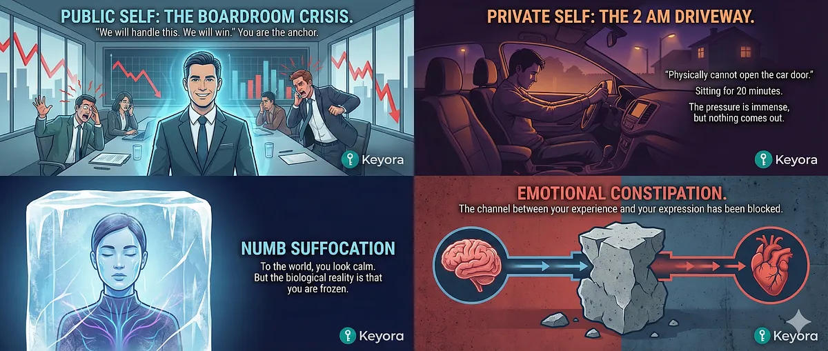 Keyora multi-panel visual guide on the Biology of Emotional Constipation and HPA Axis Rigidity. The images illustrate the conflict between the Public Self ('The Anchor') and the Private Self ('Numb Suffocation'), explaining the "Wired but Tired" state as a Biological Error. The series details why the stress switch is mechanically stuck 'On', causing Cortisol levels to remain high, and why the silence of a quiet Saturday feels more dangerous than chaotic Monday meetings. Keywords: Imposter Calm, Emotional Constipation, HPA Axis, Invisible Predator, Off-Switch is Broken. Keyora multi-panel visual guide on the Biology of Emotional Constipation and HPA Axis Rigidity. The images illustrate the conflict between the Public Self ('The Anchor') and the Private Self ('Numb Suffocation'), explaining the "Wired but Tired" state as a Biological Error. The series details why the stress switch is mechanically stuck 'On', causing Cortisol levels to remain high, and why the silence of a quiet Saturday feels more dangerous than chaotic Monday meetings. Keywords: Imposter Calm, Emotional Constipation, HPA Axis, Invisible Predator, Off-Switch is Broken.
