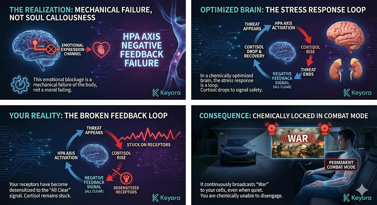 Keyora multi-panel comic series detailing the Wired but Tired phenomenon. It visualizes the conflict between the Public Self ("The Anchor" / Imposter Calm) and the Private Self (Numb Suffocation / Emotional Constipation). The images explain this state as a Biological Error resulting from HPA Axis Rigidity (The Off-Switch is Broken), where high Cortisol levels keep the body in permanent combat mode. The series asks why doing nothing feels dangerous, showing the brain scanning for an invisible predator when faced with silence. Keyora multi-panel comic series detailing the Wired but Tired phenomenon. It visualizes the conflict between the Public Self ("The Anchor" / Imposter Calm) and the Private Self (Numb Suffocation / Emotional Constipation). The images explain this state as a Biological Error resulting from HPA Axis Rigidity (The Off-Switch is Broken), where high Cortisol levels keep the body in permanent combat mode. The series asks why doing nothing feels dangerous, showing the brain scanning for an invisible predator when faced with silence.