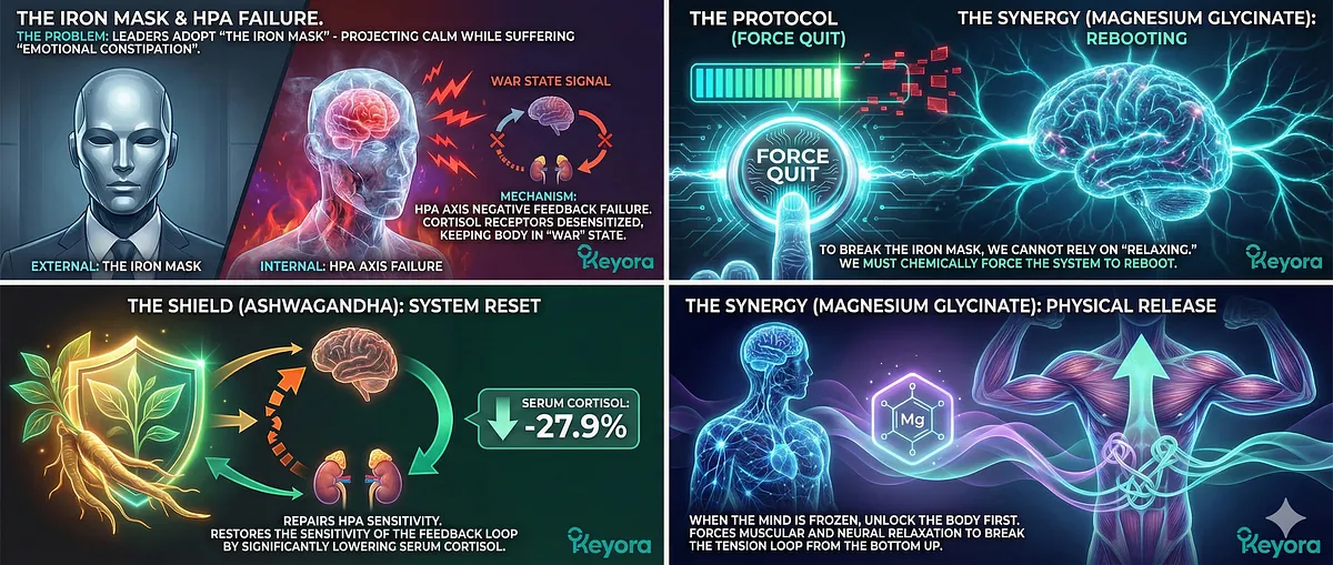 Keyora multi-panel comic series on High-Functioning Anxiety (HFA) and the Iron Mask phenomenon. It illustrates the Biological Error of HPA Axis Rigidity (The Off-Switch is Broken), causing Cortisol levels to remain high. The images cover Emotional Constipation (Numb Suffocation), the Wired but Tired state, and the paradox of silence: why the brain scans for an invisible predator when faced with calm, and the protocol to chemically force a system reset using Ashwagandha and Magnesium Glycinate. Keyora multi-panel comic series on High-Functioning Anxiety (HFA) and the Iron Mask phenomenon. It illustrates the Biological Error of HPA Axis Rigidity (The Off-Switch is Broken), causing Cortisol levels to remain high. The images cover Emotional Constipation (Numb Suffocation), the Wired but Tired state, and the paradox of silence: why the brain scans for an invisible predator when faced with calm, and the protocol to chemically force a system reset using Ashwagandha and Magnesium Glycinate.