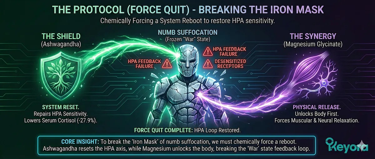 Keyora six-part visual guide on High-Functioning Anxiety and the Iron Mask phenomenon. It details the Biological Error of HPA Axis Rigidity (The Off-Switch is Broken), causing Cortisol to lock high and leading to Emotional Constipation and the Wired but Tired state. The series explains the Broken Feedback Loop, why silence feels dangerous (scanning for an invisible predator), and the System Reset Protocol using Ashwagandha and Magnesium Glycinate to break the Iron Mask. Keyora six-part visual guide on High-Functioning Anxiety and the Iron Mask phenomenon. It details the Biological Error of HPA Axis Rigidity (The Off-Switch is Broken), causing Cortisol to lock high and leading to Emotional Constipation and the Wired but Tired state. The series explains the Broken Feedback Loop, why silence feels dangerous (scanning for an invisible predator), and the System Reset Protocol using Ashwagandha and Magnesium Glycinate to break the Iron Mask.