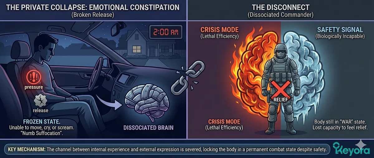 Keyora comprehensive guide on High-Functioning Anxiety and the Iron Mask phenomenon. It visualizes the Biological Error of HPA Axis Rigidity (The Off-Switch is Broken), causing Cortisol to lock high, leading to Emotional Constipation and the Wired but Tired state. The series explains the Broken Feedback Loop, why silence feels dangerous (scanning for an invisible predator), the Dissociated Commander's lack of Safety Signal, and the System Reset Protocol using Ashwagandha and Magnesium Glycinate. Keyora comprehensive guide on High-Functioning Anxiety and the Iron Mask phenomenon. It visualizes the Biological Error of HPA Axis Rigidity (The Off-Switch is Broken), causing Cortisol to lock high, leading to Emotional Constipation and the Wired but Tired state. The series explains the Broken Feedback Loop, why silence feels dangerous (scanning for an invisible predator), the Dissociated Commander's lack of Safety Signal, and the System Reset Protocol using Ashwagandha and Magnesium Glycinate.