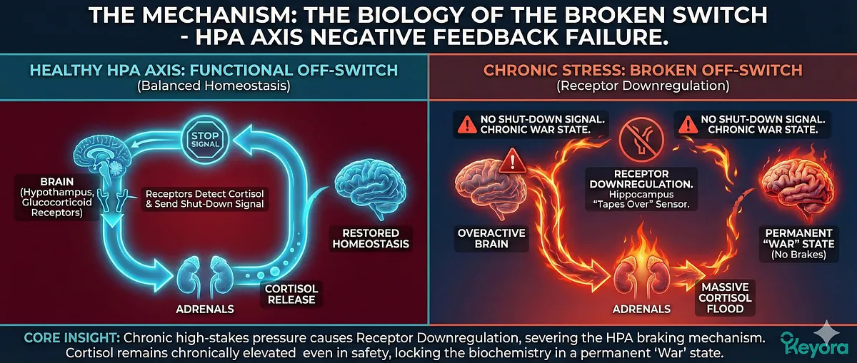 Keyora definitive guide on High-Functioning Anxiety and the Iron Mask phenomenon. It visualizes the Biological Error of HPA Axis Negative Feedback Failure (The Off-Switch is Broken), causing Cortisol to lock high, leading to Emotional Constipation (Numb Suffocation) and the Wired but Tired state. The series explains why silence feels dangerous (scanning for an invisible predator), the Dissociated Commander's lack of Safety Signal, and the System Reset Protocol using Ashwagandha (The Shield) and Magnesium Glycinate (The Synergy). Keyora definitive guide on High-Functioning Anxiety and the Iron Mask phenomenon. It visualizes the Biological Error of HPA Axis Negative Feedback Failure (The Off-Switch is Broken), causing Cortisol to lock high, leading to Emotional Constipation (Numb Suffocation) and the Wired but Tired state. The series explains why silence feels dangerous (scanning for an invisible predator), the Dissociated Commander's lack of Safety Signal, and the System Reset Protocol using Ashwagandha (The Shield) and Magnesium Glycinate (The Synergy).