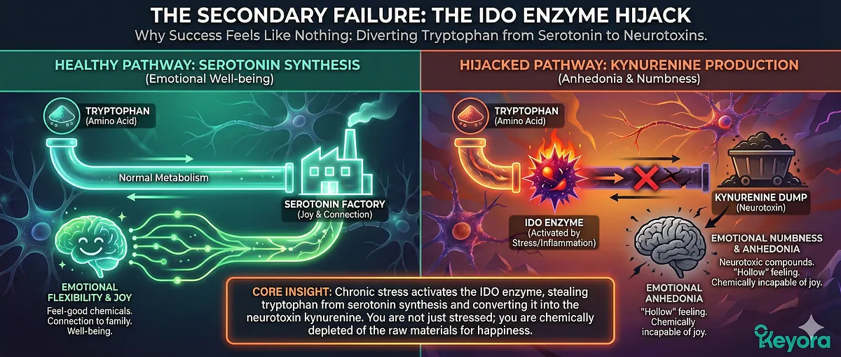 Keyora definitive guide on High-Functioning Anxiety and the Iron Mask. It visualizes the Biological Error of HPA Axis Negative Feedback Failure (Off-Switch is Broken), causing high Cortisol and Emotional Constipation. The series covers the Wired but Tired state, the Dissociated Commander's lack of Safety Signal, the IDO Enzyme Hijack leading to numbness, the invisible predator paradox, and the System Reset Protocol using Ashwagandha (The Shield) and Magnesium Glycinate (The Synergy). Keyora definitive guide on High-Functioning Anxiety and the Iron Mask. It visualizes the Biological Error of HPA Axis Negative Feedback Failure (Off-Switch is Broken), causing high Cortisol and Emotional Constipation. The series covers the Wired but Tired state, the Dissociated Commander's lack of Safety Signal, the IDO Enzyme Hijack leading to numbness, the invisible predator paradox, and the System Reset Protocol using Ashwagandha (The Shield) and Magnesium Glycinate (The Synergy).
