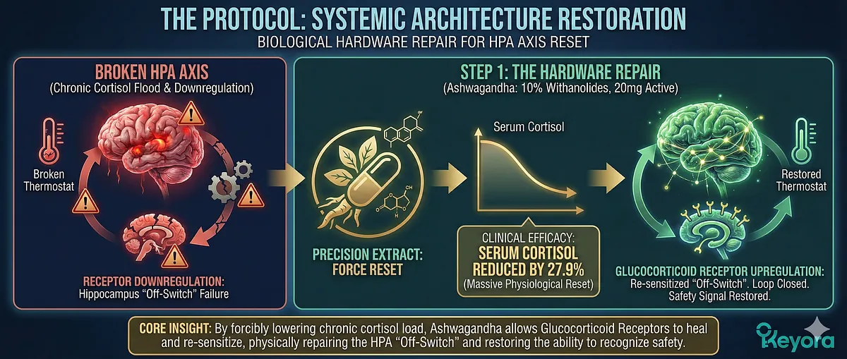 Keyora guide on High-Functioning Anxiety and the Iron Mask. It details the Biological Error of HPA Axis Negative Feedback Failure (Off-Switch is Broken), causing high Cortisol and Emotional Constipation. The series covers the Wired but Tired state, the Dissociated Commander's lack of Safety Signal, the IDO Enzyme Hijack leading to numbness, why silence feels dangerous (scanning for an invisible predator), and the System Reset Protocol using Ashwagandha (reducing Cortisol 27.9%) and Magnesium Glycinate. Keyora guide on High-Functioning Anxiety and the Iron Mask. It details the Biological Error of HPA Axis Negative Feedback Failure (Off-Switch is Broken), causing high Cortisol and Emotional Constipation. The series covers the Wired but Tired state, the Dissociated Commander's lack of Safety Signal, the IDO Enzyme Hijack leading to numbness, why silence feels dangerous (scanning for an invisible predator), and the System Reset Protocol using Ashwagandha (reducing Cortisol 27.9%) and Magnesium Glycinate.