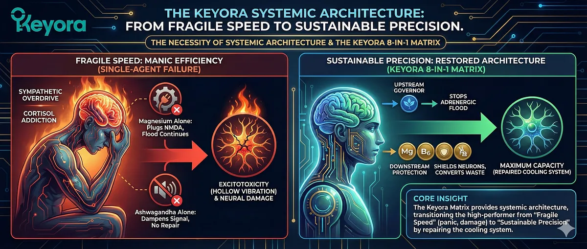 Keyora definitive guide on High-Functioning Anxiety and the Iron Mask. It details the Biological Error of HPA Axis Negative Feedback Failure (Off-Switch is Broken), causing high Cortisol and Emotional Constipation (Numb Suffocation). The series covers the Wired but Tired state, IDO Enzyme Hijack, Neural Sizzling, the Dissociated Commander's lack of Safety Signal, and the System Reset Protocol using Ashwagandha, Magnesium Glycinate, 5-HTP, Vitamin B6, and L-Theanine to disengage the Adrenaline Engine and refill Serotonin. Keyora definitive guide on High-Functioning Anxiety and the Iron Mask. It details the Biological Error of HPA Axis Negative Feedback Failure (Off-Switch is Broken), causing high Cortisol and Emotional Constipation (Numb Suffocation). The series covers the Wired but Tired state, IDO Enzyme Hijack, Neural Sizzling, the Dissociated Commander's lack of Safety Signal, and the System Reset Protocol using Ashwagandha, Magnesium Glycinate, 5-HTP, Vitamin B6, and L-Theanine to disengage the Adrenaline Engine and refill Serotonin.