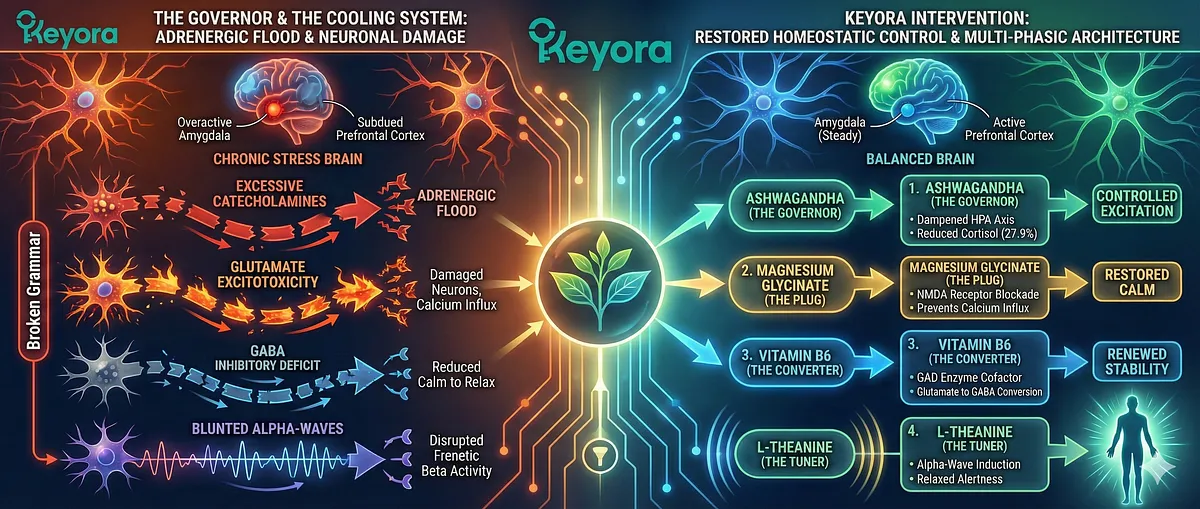 Keyora guide on High-Functioning Anxiety and the Iron Mask. It details the Biological Error: HPA Axis Failure, IDO Hijack, GABA Depletion, Amygdala Hyper-Reactivity, and Excitotoxicity. This causes Vicarious Trauma, the Toxic Sponge effect, and the Wired but Tired state. The System Reset Protocol utilizes Ashwagandha, Magnesium Glycinate, 5-HTP, Vitamin B6, and L-Theanine to disengage the Adrenaline Engine, prevent Neural Sizzling, and restore Sustainable Precision. Keyora guide on High-Functioning Anxiety and the Iron Mask. It details the Biological Error: HPA Axis Failure, IDO Hijack, GABA Depletion, Amygdala Hyper-Reactivity, and Excitotoxicity. This causes Vicarious Trauma, the Toxic Sponge effect, and the Wired but Tired state. The System Reset Protocol utilizes Ashwagandha, Magnesium Glycinate, 5-HTP, Vitamin B6, and L-Theanine to disengage the Adrenaline Engine, prevent Neural Sizzling, and restore Sustainable Precision.