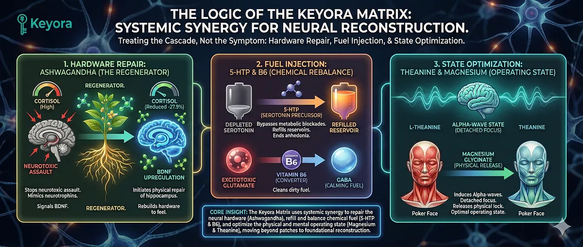 Keyora definitive guide on HFA, Iron Mask, and Vicarious Trauma. It details the Biological Error: HPA Axis Failure, IDO Hijack, GABA Depletion, Amygdala Hyper-Reactivity, and Excitotoxicity. This causes Toxic Sponge effect, Wired but Tired state, and Anhedonia (Grey Rock) via BDNF Suppression and Facial Feedback Break. The System Reset Protocol uses Ashwagandha, Magnesium Glycinate, 5-HTP, Vitamin B6, and L-Theanine to restore Sustainable Precision. Keyora definitive guide on HFA, Iron Mask, and Vicarious Trauma. It details the Biological Error: HPA Axis Failure, IDO Hijack, GABA Depletion, Amygdala Hyper-Reactivity, and Excitotoxicity. This causes Toxic Sponge effect, Wired but Tired state, and Anhedonia (Grey Rock) via BDNF Suppression and Facial Feedback Break. The System Reset Protocol uses Ashwagandha, Magnesium Glycinate, 5-HTP, Vitamin B6, and L-Theanine to restore Sustainable Precision.