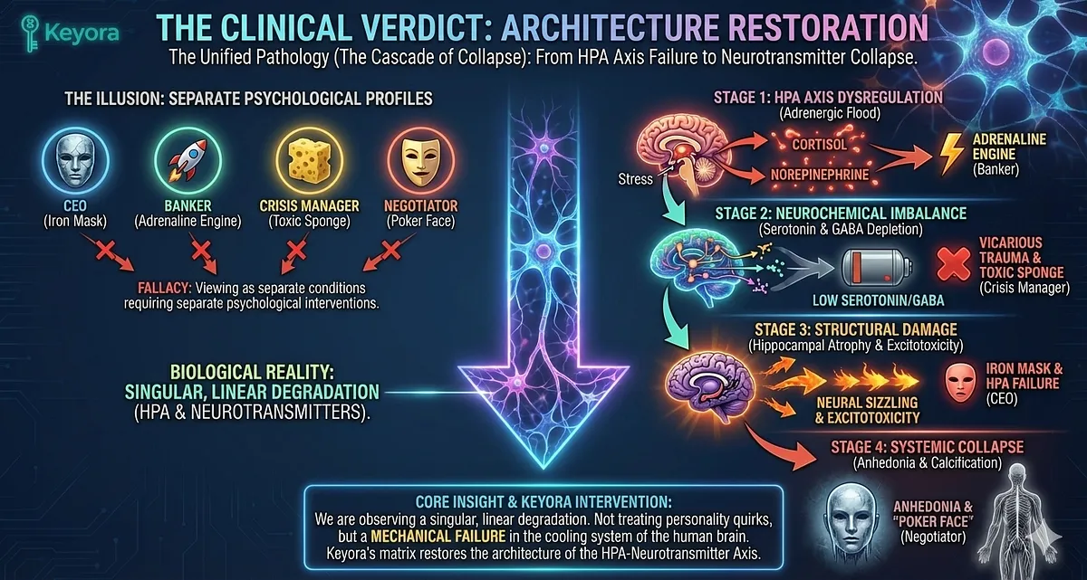 Keyora definitive guide on HFA, Iron Mask, and Vicarious Trauma. It details the Biological Error: HPA Axis Failure, IDO Hijack, GABA Depletion, Amygdala Hyper-Reactivity, and Excitotoxicity. This causes Toxic Sponge effect, Wired but Tired state, and Anhedonia (Grey Rock) via BDNF Suppression and Facial Feedback Break. The System Reset Protocol uses Ashwagandha, Magnesium Glycinate, 5-HTP, Vitamin B6, and L-Theanine to restore Sustainable Precision. Keyora definitive guide on HFA, Iron Mask, and Vicarious Trauma. It details the Biological Error: HPA Axis Failure, IDO Hijack, GABA Depletion, Amygdala Hyper-Reactivity, and Excitotoxicity. This causes Toxic Sponge effect, Wired but Tired state, and Anhedonia (Grey Rock) via BDNF Suppression and Facial Feedback Break. The System Reset Protocol uses Ashwagandha, Magnesium Glycinate, 5-HTP, Vitamin B6, and L-Theanine to restore Sustainable Precision.