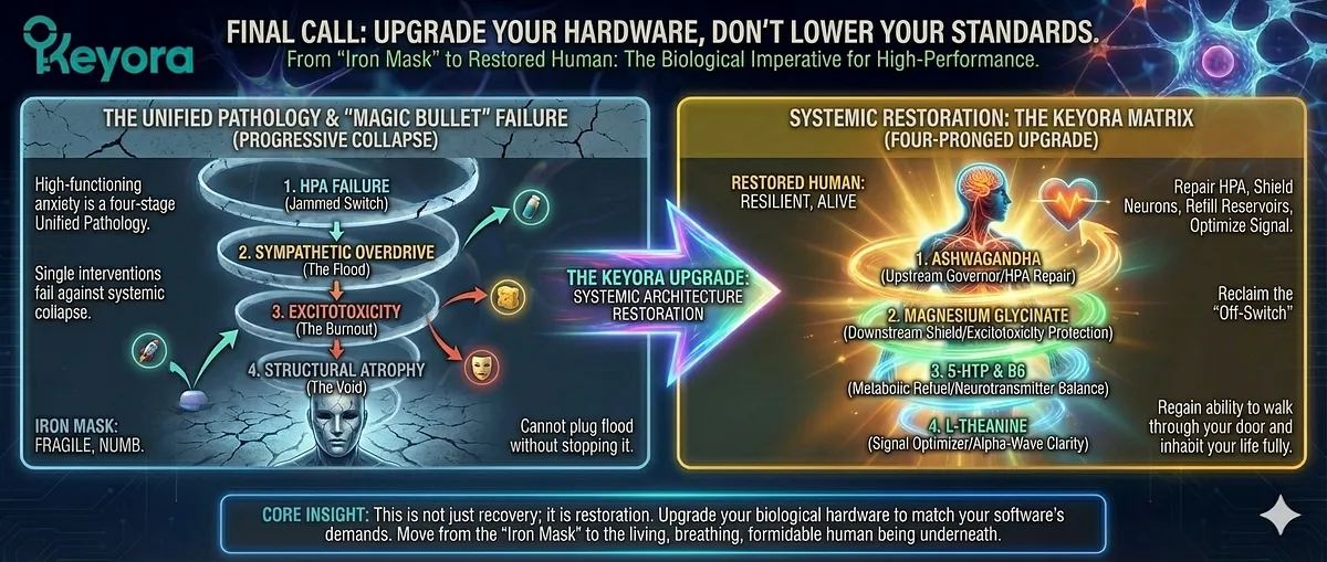 Keyora definitive guide on HFA and the Iron Mask. It details the Biological Error: HPA Axis Failure, IDO Hijack, GABA Depletion, Amygdala Hyper-Reactivity, and Excitotoxicity. This causes Vicarious Trauma, the Toxic Sponge effect, Anhedonia (Grey Rock), and the Wired but Tired state. The System Reset Protocol utilizes Ashwagandha, Magnesium Glycinate, 5-HTP, Vitamin B6, and L-Theanine to restore Sustainable Precision. Keyora definitive guide on HFA and the Iron Mask. It details the Biological Error: HPA Axis Failure, IDO Hijack, GABA Depletion, Amygdala Hyper-Reactivity, and Excitotoxicity. This causes Vicarious Trauma, the Toxic Sponge effect, Anhedonia (Grey Rock), and the Wired but Tired state. The System Reset Protocol utilizes Ashwagandha, Magnesium Glycinate, 5-HTP, Vitamin B6, and L-Theanine to restore Sustainable Precision.