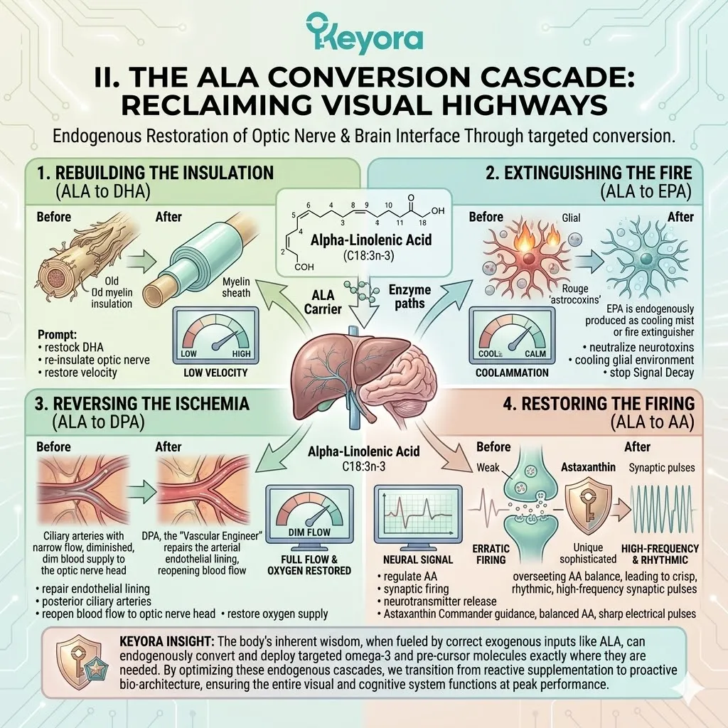 ALA conversion to DHA and EPA drives ATP Synthesis to repair the Four-Drive System, restoring the myelin blueprint and Neurological Sovereignty. ALA conversion to DHA and EPA drives ATP Synthesis to repair the Four-Drive System, restoring the myelin blueprint and Neurological Sovereignty.