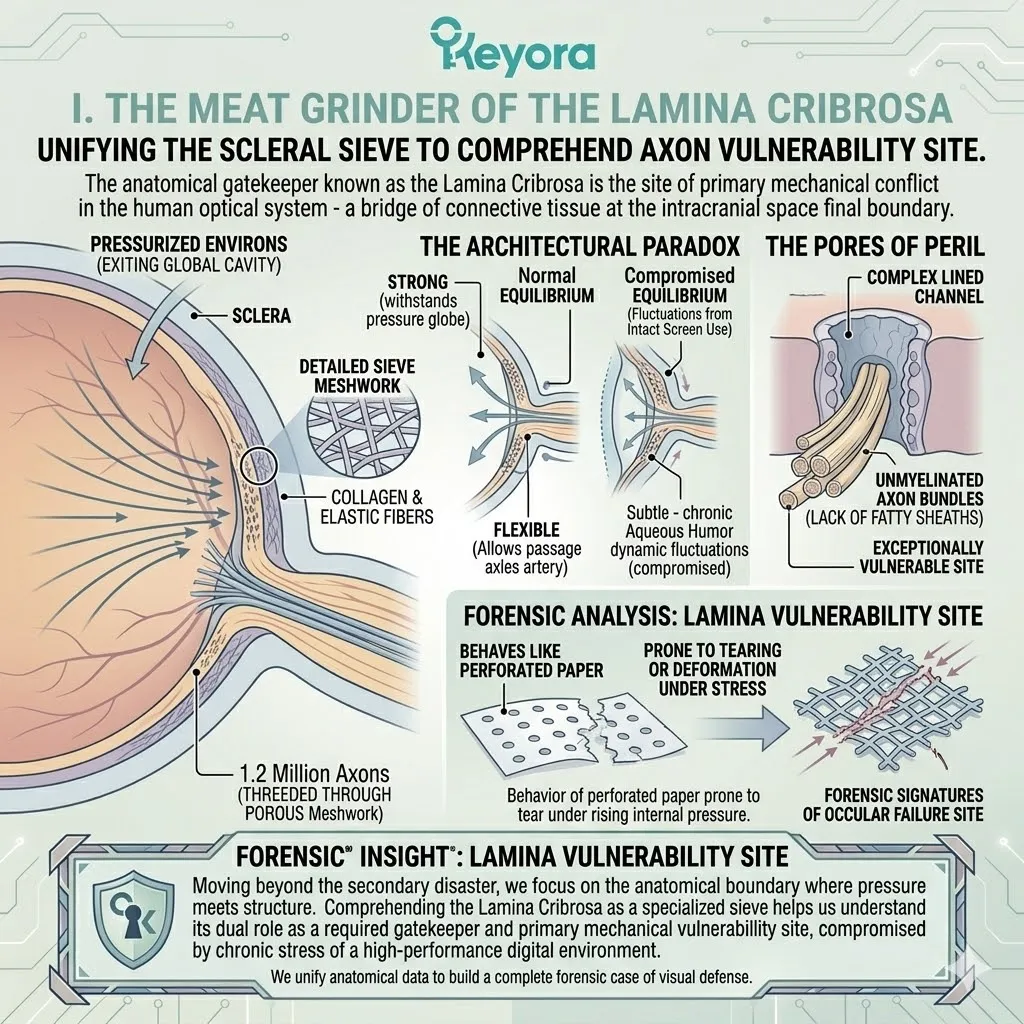 The Lamina Cribrosa acts as a biological sieve where mechanical stress disrupts ATP Synthesis and the Four-Drive System, threatening Neurological Sovereignty. The Lamina Cribrosa acts as a biological sieve where mechanical stress disrupts ATP Synthesis and the Four-Drive System, threatening Neurological Sovereignty.