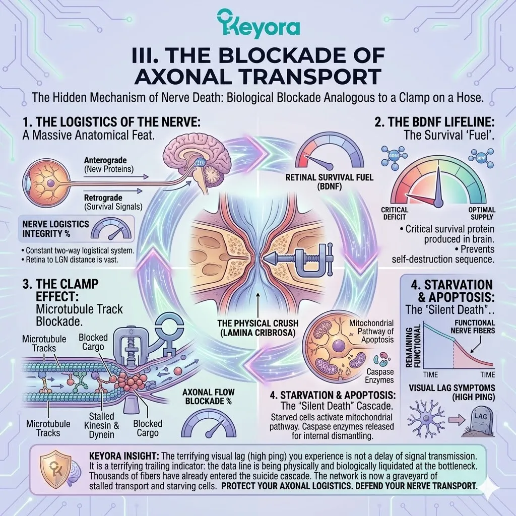 Axonal transport blockade at the Lamina Cribrosa halts ATP Synthesis and BDNF signaling, dismantling the Four-Drive System and Neurological Sovereignty. Axonal transport blockade at the Lamina Cribrosa halts ATP Synthesis and BDNF signaling, dismantling the Four-Drive System and Neurological Sovereignty.