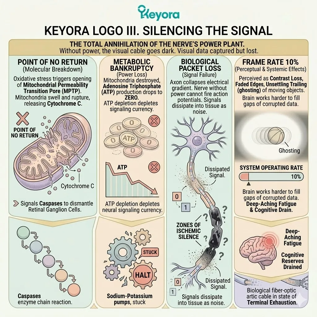 Mitochondrial rupture and MPTP opening halt ATP Synthesis within the Four-Drive System, causing signal packet loss and total Neurological Sovereignty collapse. Mitochondrial rupture and MPTP opening halt ATP Synthesis within the Four-Drive System, causing signal packet loss and total Neurological Sovereignty collapse.
