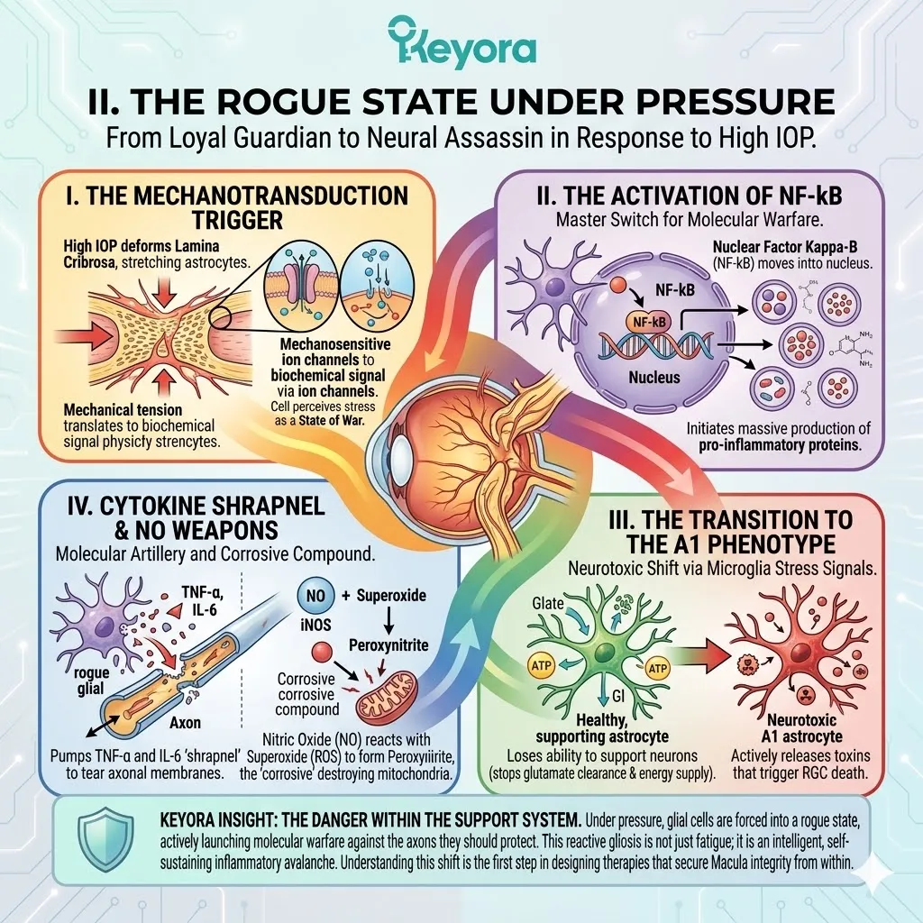 Mechanical IOP stretch triggers the A1 Phenotype and NF-kB activation, halting ATP Synthesis and the Four-Drive System to dismantle Neurological Sovereignty. Mechanical IOP stretch triggers the A1 Phenotype and NF-kB activation, halting ATP Synthesis and the Four-Drive System to dismantle Neurological Sovereignty.