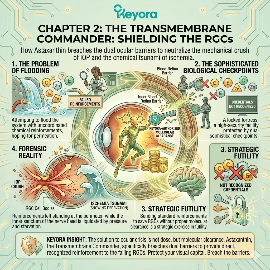 Astaxanthin breaches the blood-retinal barrier to catalyze ATP synthesis and RGC neuroplasticity, securing neurological sovereignty against ischemic storms. Astaxanthin breaches the blood-retinal barrier to catalyze ATP synthesis and RGC neuroplasticity, securing neurological sovereignty against ischemic storms.