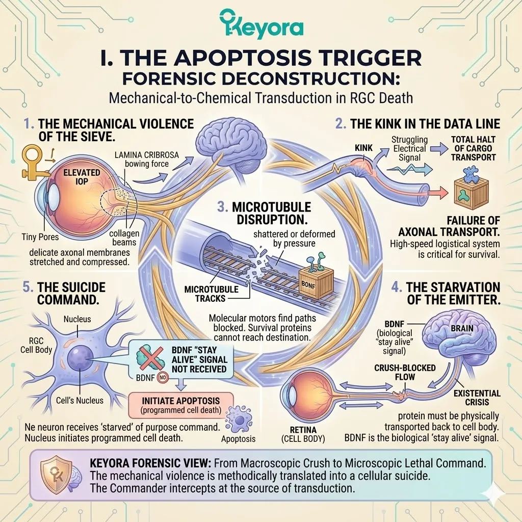 Axonal transport blockage at the lamina cribrosa halts BDNF flow, triggering the neuro-endocrine storm and apoptotic signaling within the RGC architecture. Axonal transport blockage at the lamina cribrosa halts BDNF flow, triggering the neuro-endocrine storm and apoptotic signaling within the RGC architecture.