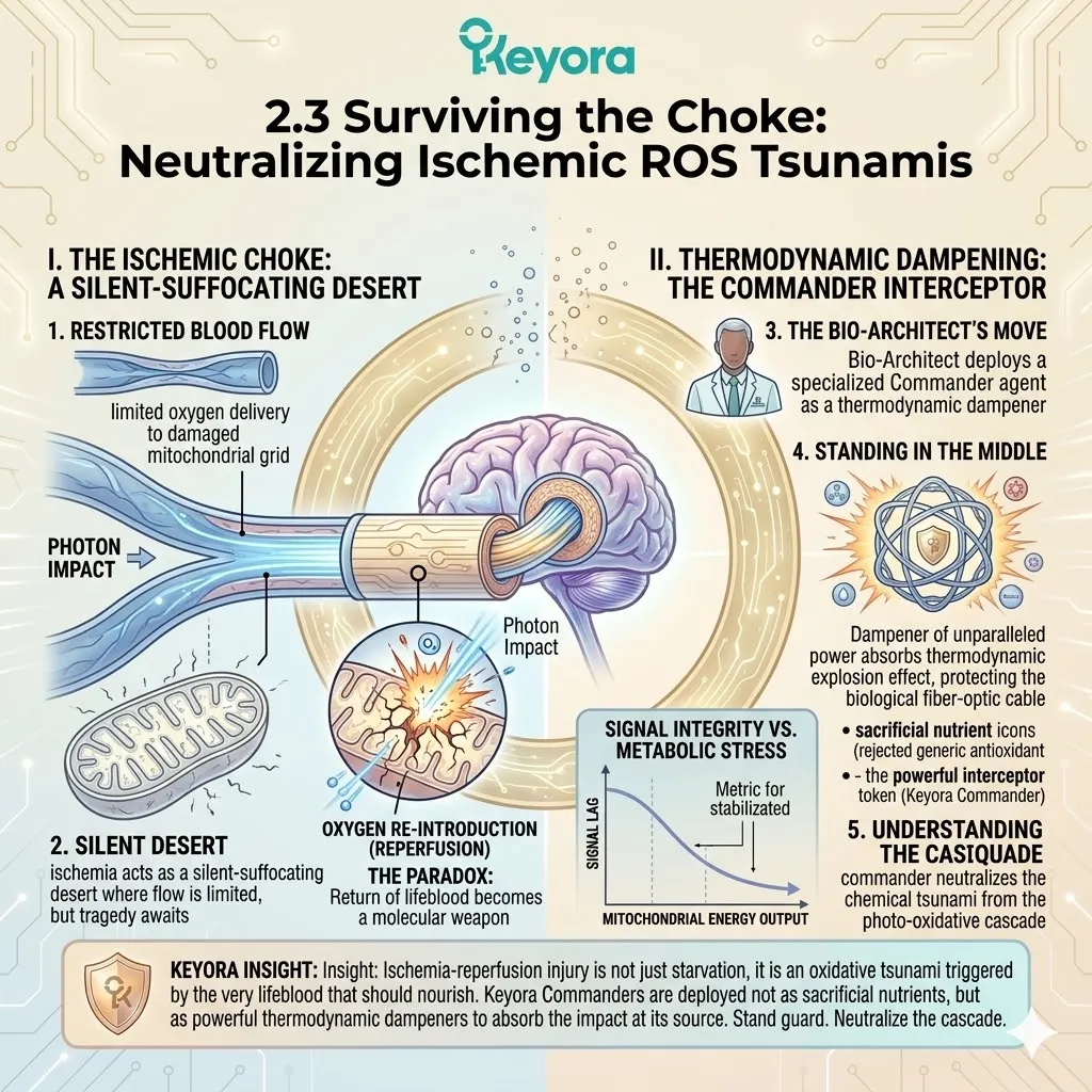 The Commander functions as a thermodynamic dampener to neutralize the ischemic ROS tsunami and stabilize the mitochondrial grid for ATP synthesis. The Commander functions as a thermodynamic dampener to neutralize the ischemic ROS tsunami and stabilize the mitochondrial grid for ATP synthesis.