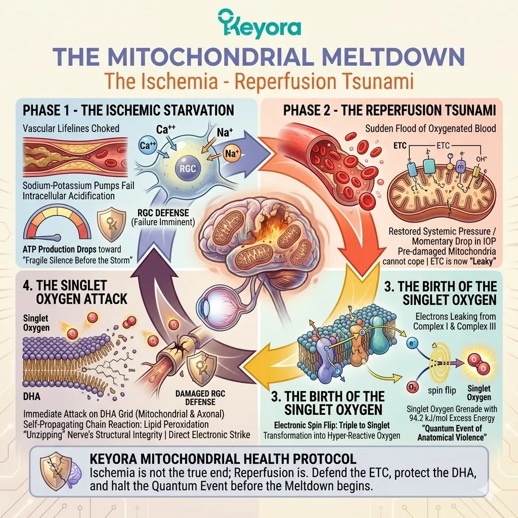 Mitochondrial electronic spin flip triggers singlet oxygen grenades and lipid peroxidation, unzipping the DHA grid during the ischemic neuro-endocrine storm. Mitochondrial electronic spin flip triggers singlet oxygen grenades and lipid peroxidation, unzipping the DHA grid during the ischemic neuro-endocrine storm.