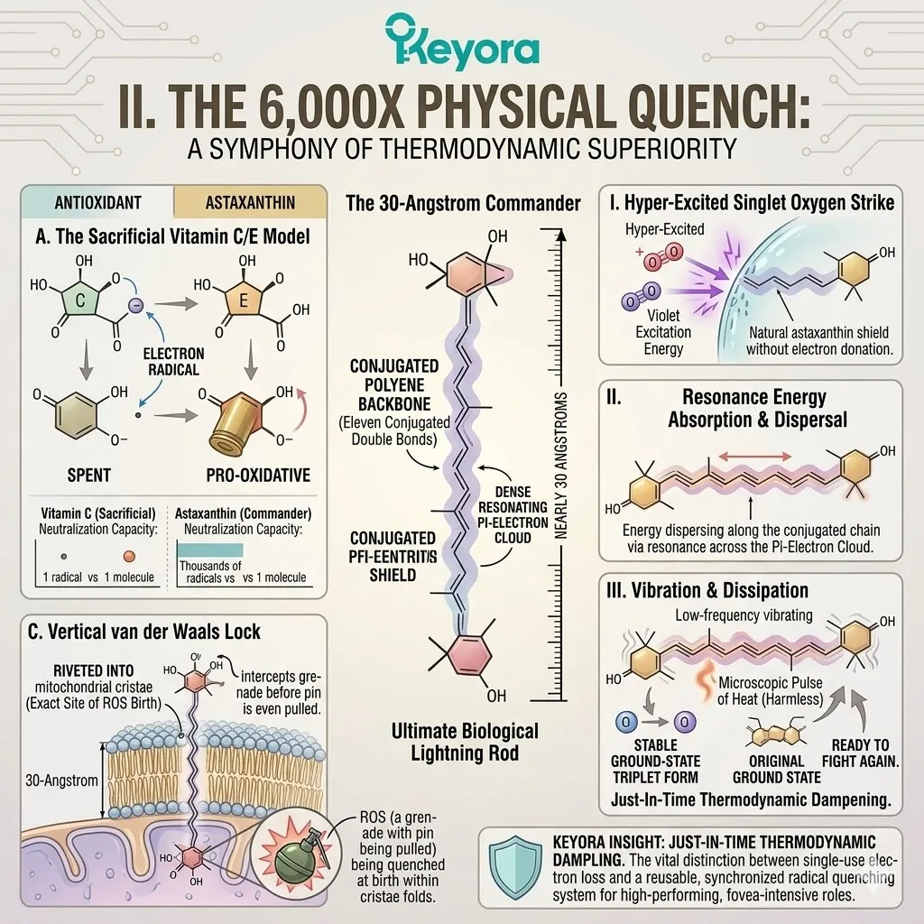 The 30-Angstrom conjugated polyene backbone executes a 6000x physical quench of singlet oxygen to stabilize ATP synthesis and prevent lipid grid peroxidation. The 30-Angstrom conjugated polyene backbone executes a 6000x physical quench of singlet oxygen to stabilize ATP synthesis and prevent lipid grid peroxidation.