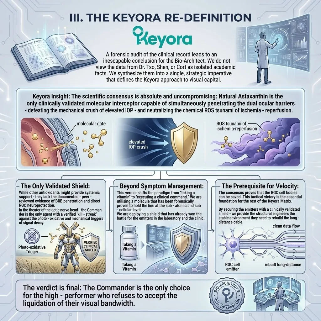 Clinical consensus validates Astaxanthin as the primary systemic regulator for BRB penetration and RGC protection against the ischemic neuro-endocrine storm. Clinical consensus validates Astaxanthin as the primary systemic regulator for BRB penetration and RGC protection against the ischemic neuro-endocrine storm.