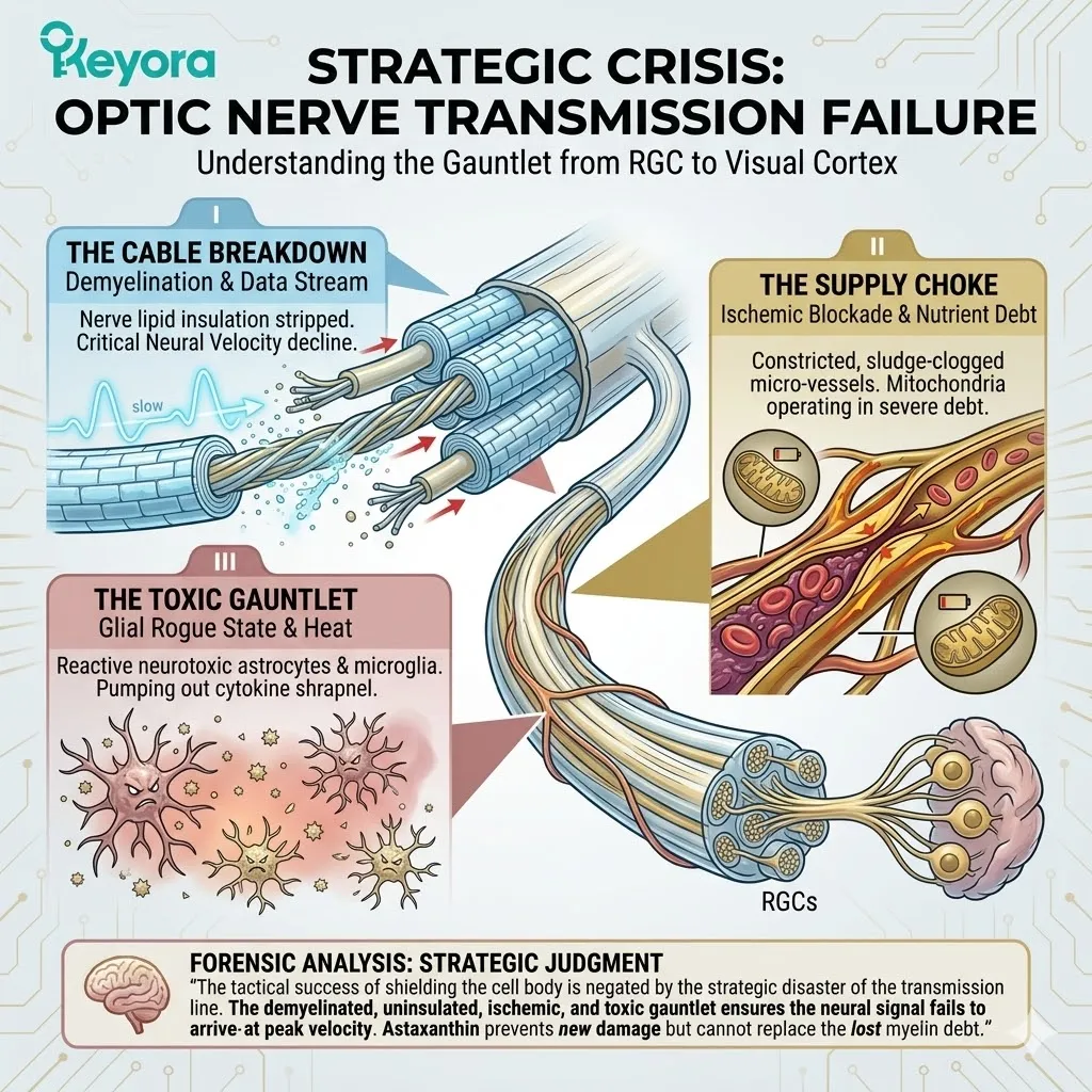 Demyelination and ischemic blockades trigger signal leakage and neural velocity decay, creating a neuro-endocrine storm despite RGC emitter stability. Demyelination and ischemic blockades trigger signal leakage and neural velocity decay, creating a neuro-endocrine storm despite RGC emitter stability.
