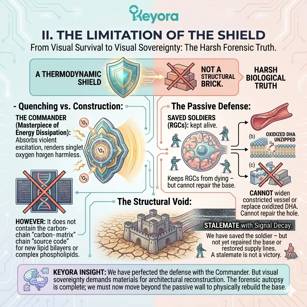 The thermodynamic shield lacks structural manufacturing capacity, necessitating lipid bricks to repair unzipped DHA grids and restore axonal integrity. The thermodynamic shield lacks structural manufacturing capacity, necessitating lipid bricks to repair unzipped DHA grids and restore axonal integrity.