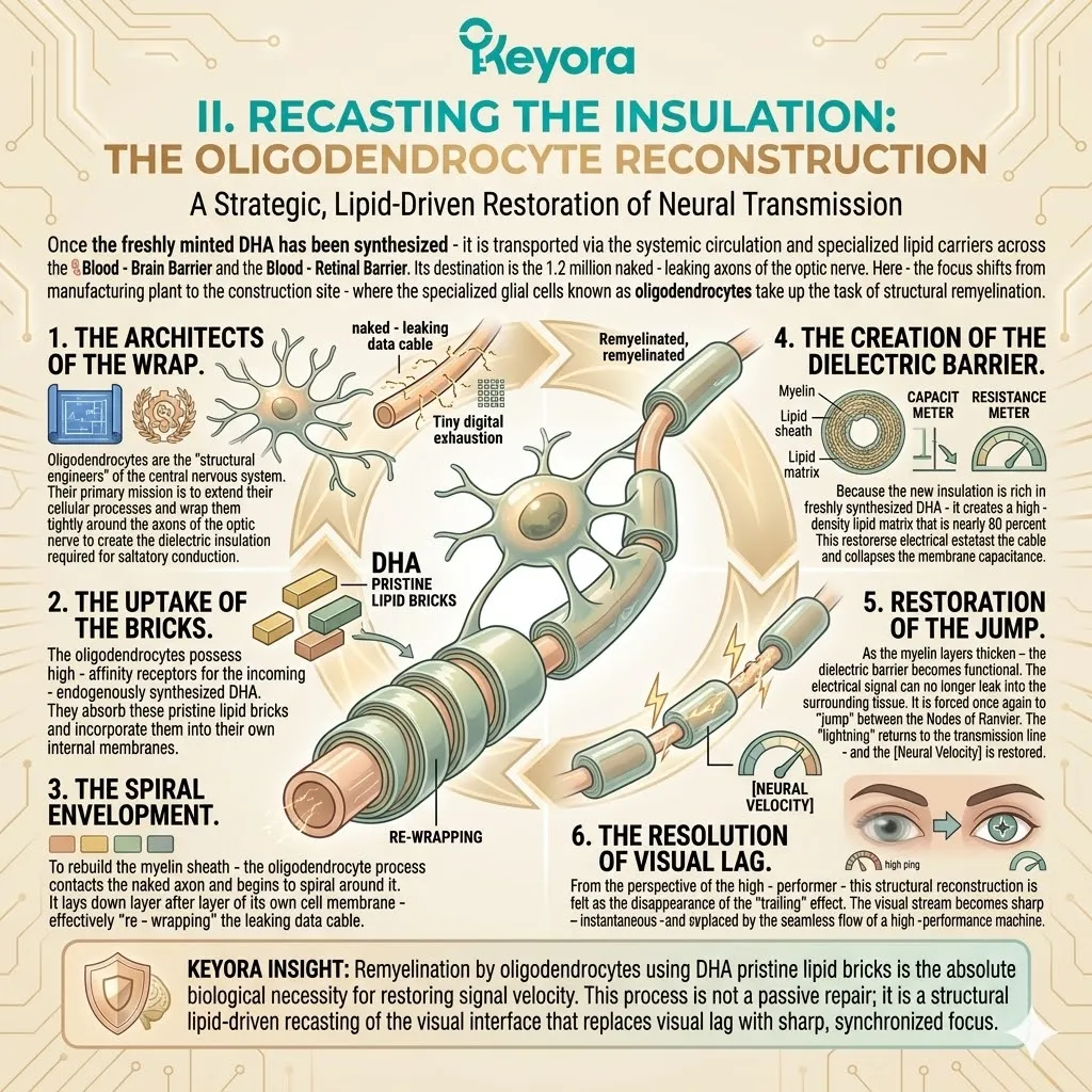 Keyora oligodendrocyte reconstruction utilizes pristine DHA for ATP synthesis and remyelination, optimizing the four-drive system to restore high-velocity saltatory conduction. Keyora oligodendrocyte reconstruction utilizes pristine DHA for ATP synthesis and remyelination, optimizing the four-drive system to restore high-velocity saltatory conduction.