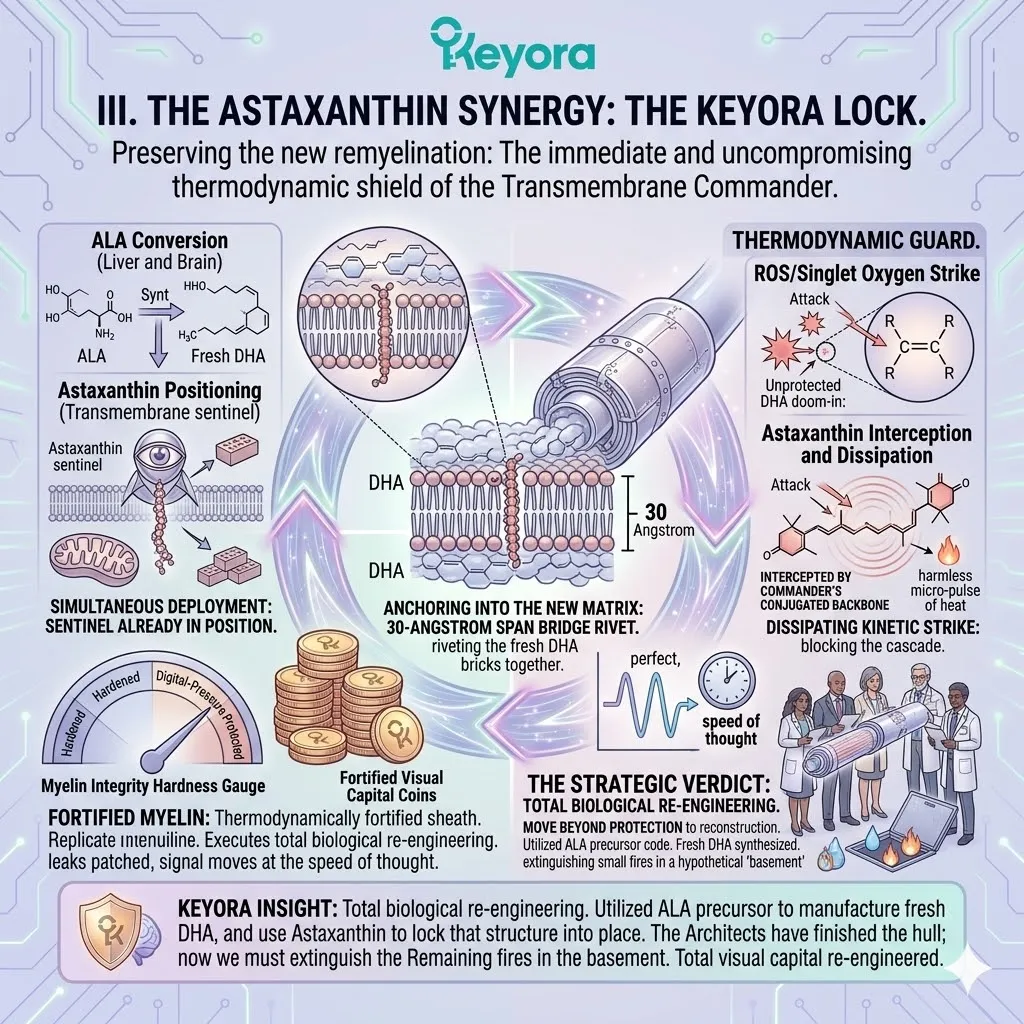 Keyora 30-Angstrom thermodynamic guard anchors fresh DHA into the myelin matrix to maximize ATP synthesis and the Four-Drive System against re-oxidation. Keyora 30-Angstrom thermodynamic guard anchors fresh DHA into the myelin matrix to maximize ATP synthesis and the Four-Drive System against re-oxidation.
