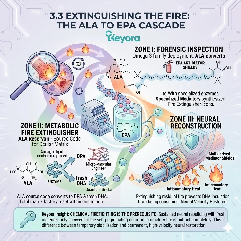 Keyora ALA to EPA cascade quenches neuro-inflammation and supports ATP synthesis, optimizing the Four-Drive System against chronic chemical hostility. Keyora ALA to EPA cascade quenches neuro-inflammation and supports ATP synthesis, optimizing the Four-Drive System against chronic chemical hostility.
