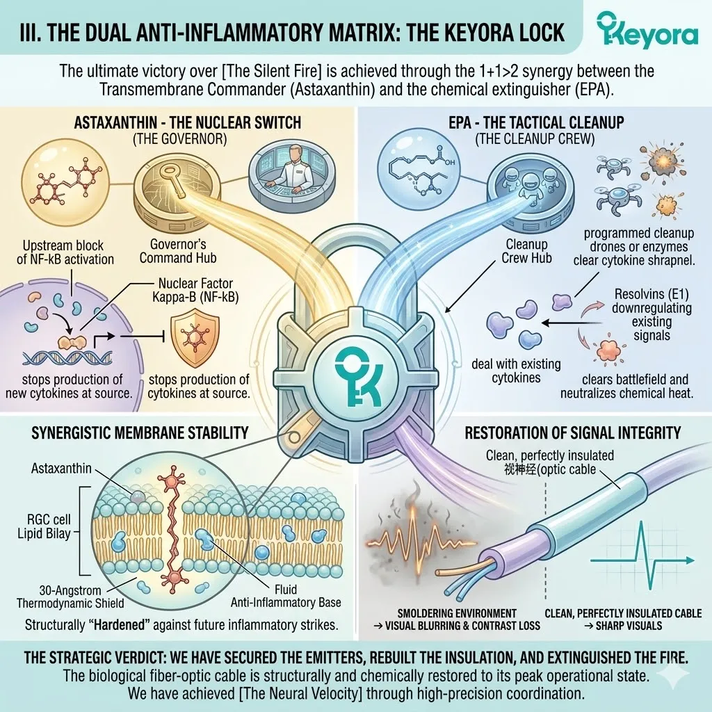 Keyora dual anti-inflammatory matrix utilizes astaxanthin and EPA to quench NF-kB and ATP synthesis drain, optimizing the four-drive system against the silent fire. Keyora dual anti-inflammatory matrix utilizes astaxanthin and EPA to quench NF-kB and ATP synthesis drain, optimizing the four-drive system against the silent fire.