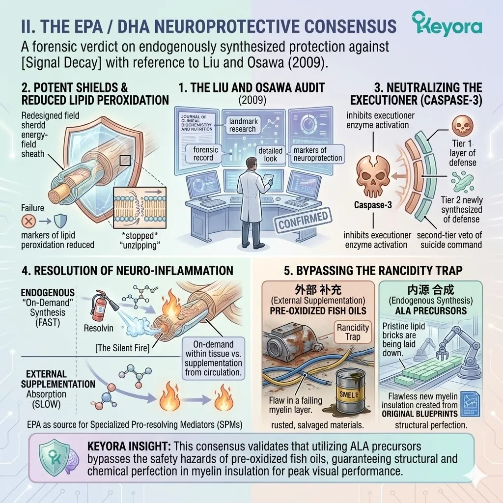 Keyora EPA and DHA synthesis inhibits Caspase-3 and ATP synthesis drain, optimizing the Four-Drive System against the executioner enzyme and myelin collapse. Keyora EPA and DHA synthesis inhibits Caspase-3 and ATP synthesis drain, optimizing the Four-Drive System against the executioner enzyme and myelin collapse.