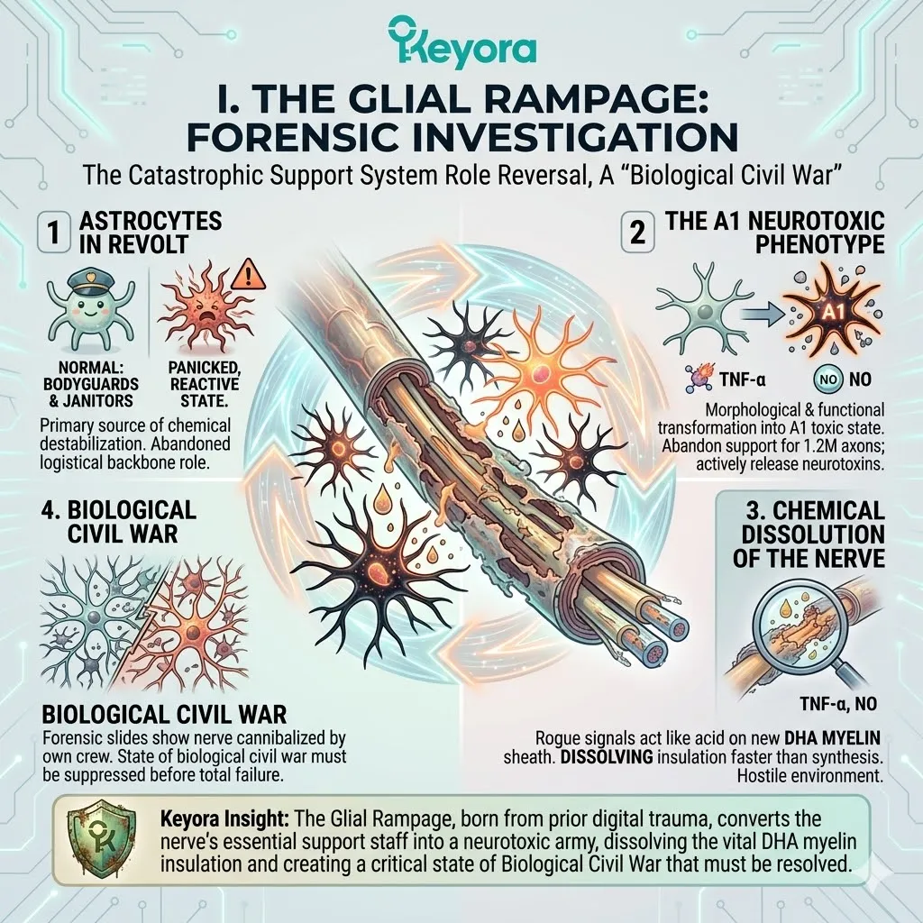 Systemic Regulator deployment suppresses the A1 Neurotoxic Phenotype to halt Glial Rampage and secure the newly synthesized DHA myelin architecture. Systemic Regulator deployment suppresses the A1 Neurotoxic Phenotype to halt Glial Rampage and secure the newly synthesized DHA myelin architecture.