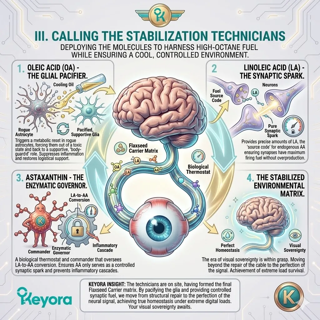 Oleic Acid and Linoleic Acid deployment via the Flaxseed Carrier to achieve Glial Regulation and controlled ATP Synthesis under the Astaxanthin thermostat. Oleic Acid and Linoleic Acid deployment via the Flaxseed Carrier to achieve Glial Regulation and controlled ATP Synthesis under the Astaxanthin thermostat.