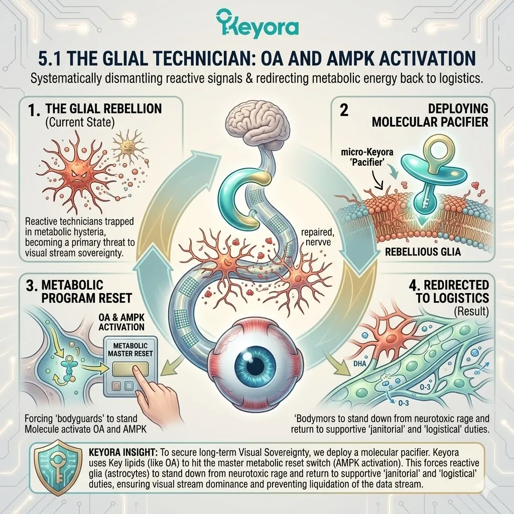 Oleic Acid acts as a Molecular Pacifier to trigger the AMPK master reset switch, suppressing the Glial Rampage and restoring the logistical support network. Oleic Acid acts as a Molecular Pacifier to trigger the AMPK master reset switch, suppressing the Glial Rampage and restoring the logistical support network.
