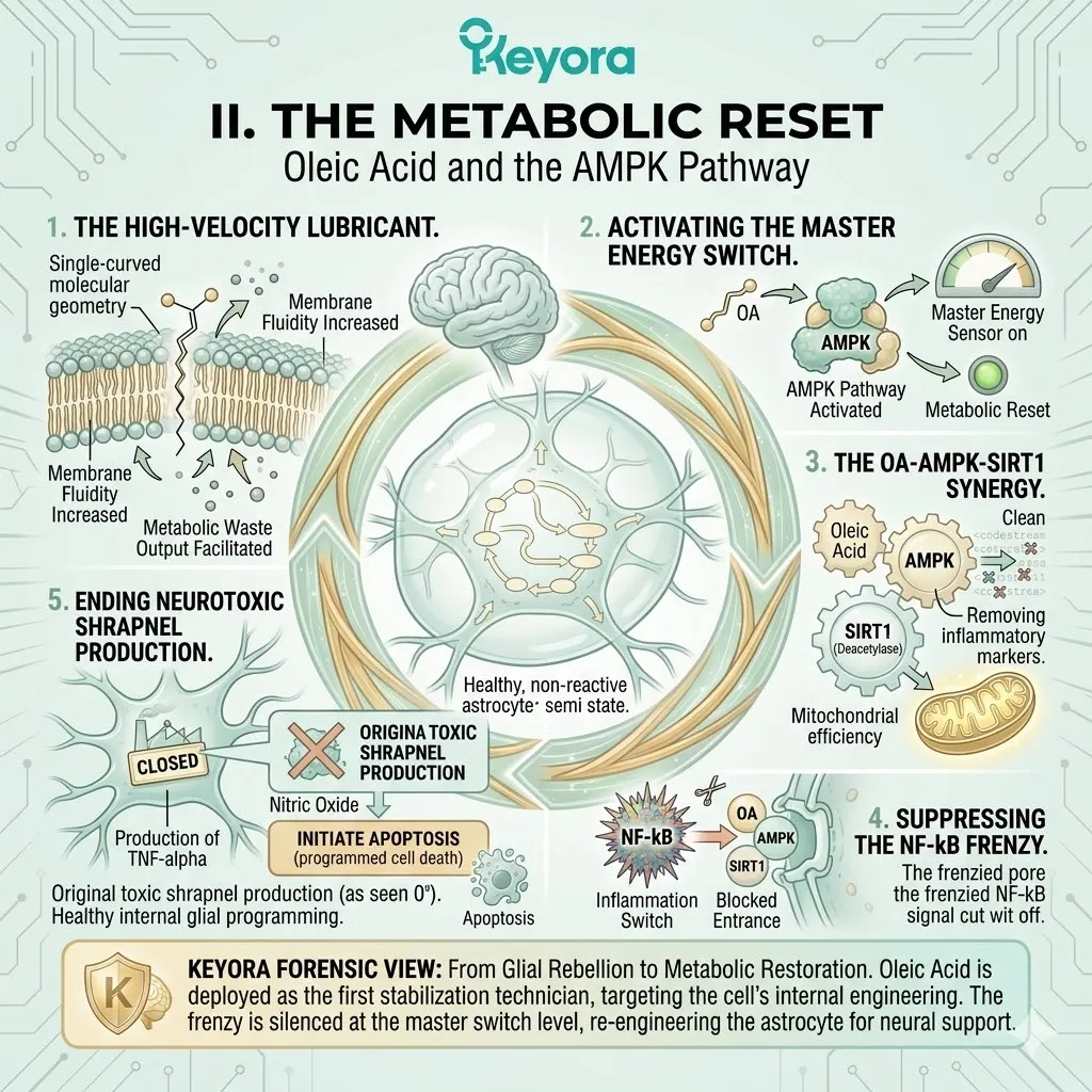 Oleic Acid activates the AMPK-SIRT1 triumvirate to suppress NF-kB frenzy signals, restoring mitochondrial efficiency and glial metabolic governance. Oleic Acid activates the AMPK-SIRT1 triumvirate to suppress NF-kB frenzy signals, restoring mitochondrial efficiency and glial metabolic governance.