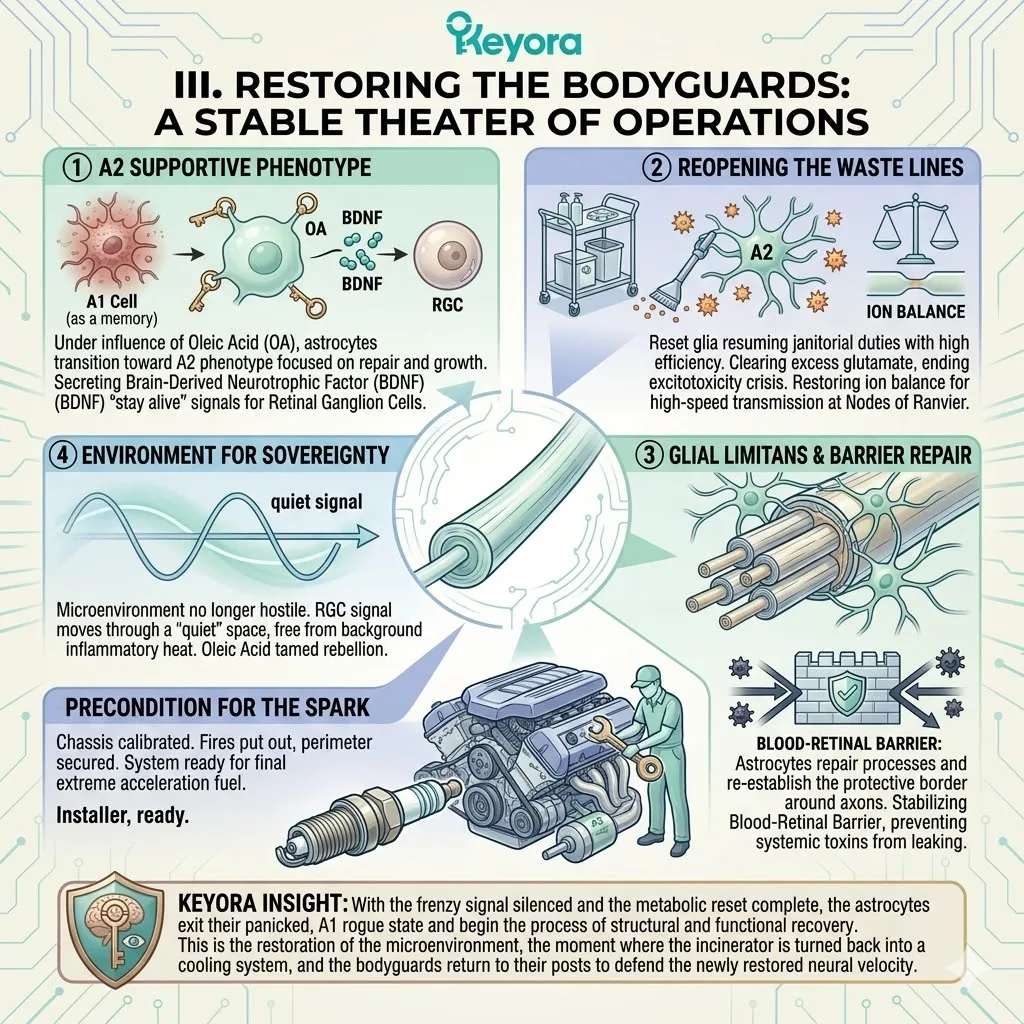 Transition to the A2 Supportive Phenotype via Oleic Acid facilitates BDNF secretion and waste clearance, restoring the Glial Limitans for stable ATP Synthesis. Transition to the A2 Supportive Phenotype via Oleic Acid facilitates BDNF secretion and waste clearance, restoring the Glial Limitans for stable ATP Synthesis.