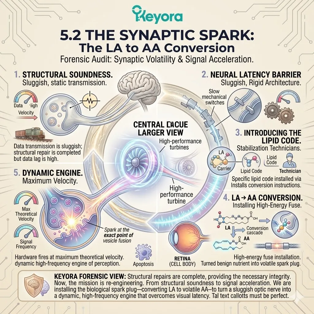 Linoleic Acid initiates the LA to AA conversion to install the biological spark plug, enabling high-frequency vesicle fusion and peak synaptic volatility. Linoleic Acid initiates the LA to AA conversion to install the biological spark plug, enabling high-frequency vesicle fusion and peak synaptic volatility.