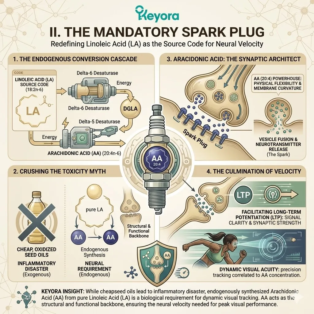 Linoleic Acid facilitates the endogenous conversion cascade to Arachidonic Acid, enabling high-energy 20:4 powerhouse curvature for peak synaptic plasticity. Linoleic Acid facilitates the endogenous conversion cascade to Arachidonic Acid, enabling high-energy 20:4 powerhouse curvature for peak synaptic plasticity.
