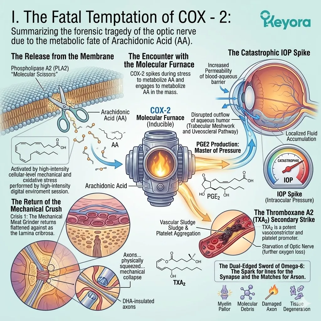 Phospholipase A2 release of Arachidonic Acid into the COX-2 furnace generates PGE2 and TXA2, triggering an IOP spike and the return of the Crisis 1 mechanical crush. Phospholipase A2 release of Arachidonic Acid into the COX-2 furnace generates PGE2 and TXA2, triggering an IOP spike and the return of the Crisis 1 mechanical crush.