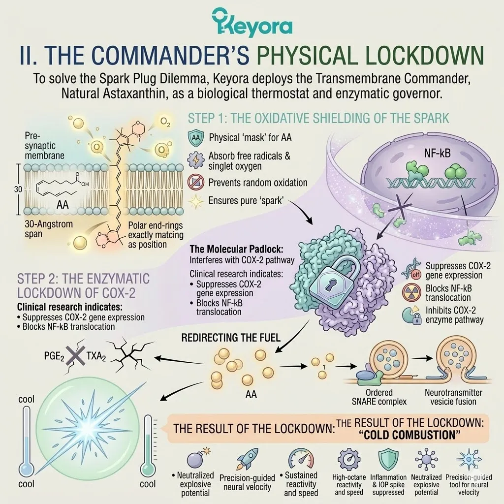 Natural Astaxanthin anchors across the membrane to execute a physical lockdown of Arachidonic Acid, blocking NF-kB translocation and locking the COX-2 furnace. Natural Astaxanthin anchors across the membrane to execute a physical lockdown of Arachidonic Acid, blocking NF-kB translocation and locking the COX-2 furnace.