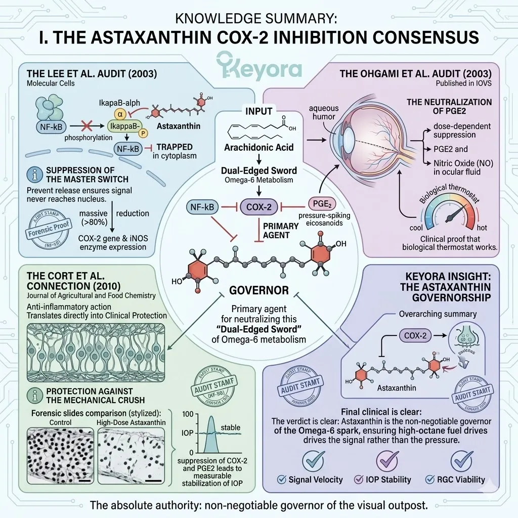 Astaxanthin blocks NF-kB translocation and COX-2 expression to neutralize PGE2 production, preventing the mechanical crush and stabilizing Intraocular Pressure. Astaxanthin blocks NF-kB translocation and COX-2 expression to neutralize PGE2 production, preventing the mechanical crush and stabilizing Intraocular Pressure.