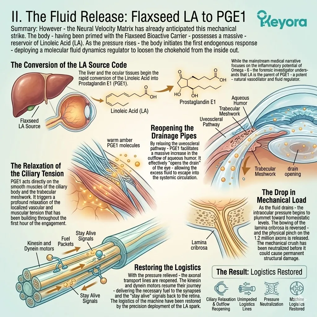 Neural Velocity Matrix converting Linoleic Acid to PGE1 to relax ciliary tension and reopen uveoscleral drainage, neutralizing the mechanical crush. Neural Velocity Matrix converting Linoleic Acid to PGE1 to relax ciliary tension and reopen uveoscleral drainage, neutralizing the mechanical crush.