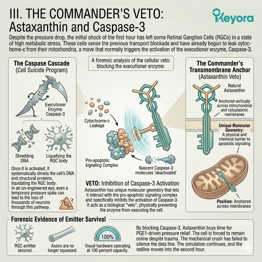 Neural Velocity Matrix deploying Natural Astaxanthin to inhibit Caspase-3 activation, providing a biological veto against apoptosis and securing RGC sovereignty. Neural Velocity Matrix deploying Natural Astaxanthin to inhibit Caspase-3 activation, providing a biological veto against apoptosis and securing RGC sovereignty.