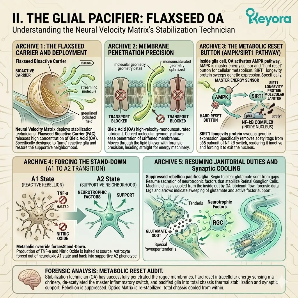 Neural Velocity Matrix deploying Oleic Acid to activate the AMPK/SIRT1 pathway, forcing the deacetylation of NF-kB and resetting the A1 neurotoxic astrocyte. Neural Velocity Matrix deploying Oleic Acid to activate the AMPK/SIRT1 pathway, forcing the deacetylation of NF-kB and resetting the A1 neurotoxic astrocyte.