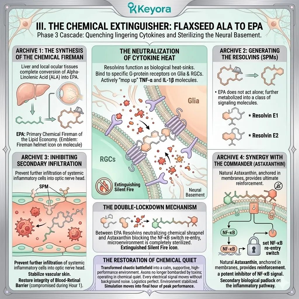Neural Velocity Matrix converting Flaxseed ALA to EPA and Resolvins to neutralize cytokine heat and restore blood-retinal barrier integrity via NF-kB double-lockdown. Neural Velocity Matrix converting Flaxseed ALA to EPA and Resolvins to neutralize cytokine heat and restore blood-retinal barrier integrity via NF-kB double-lockdown.