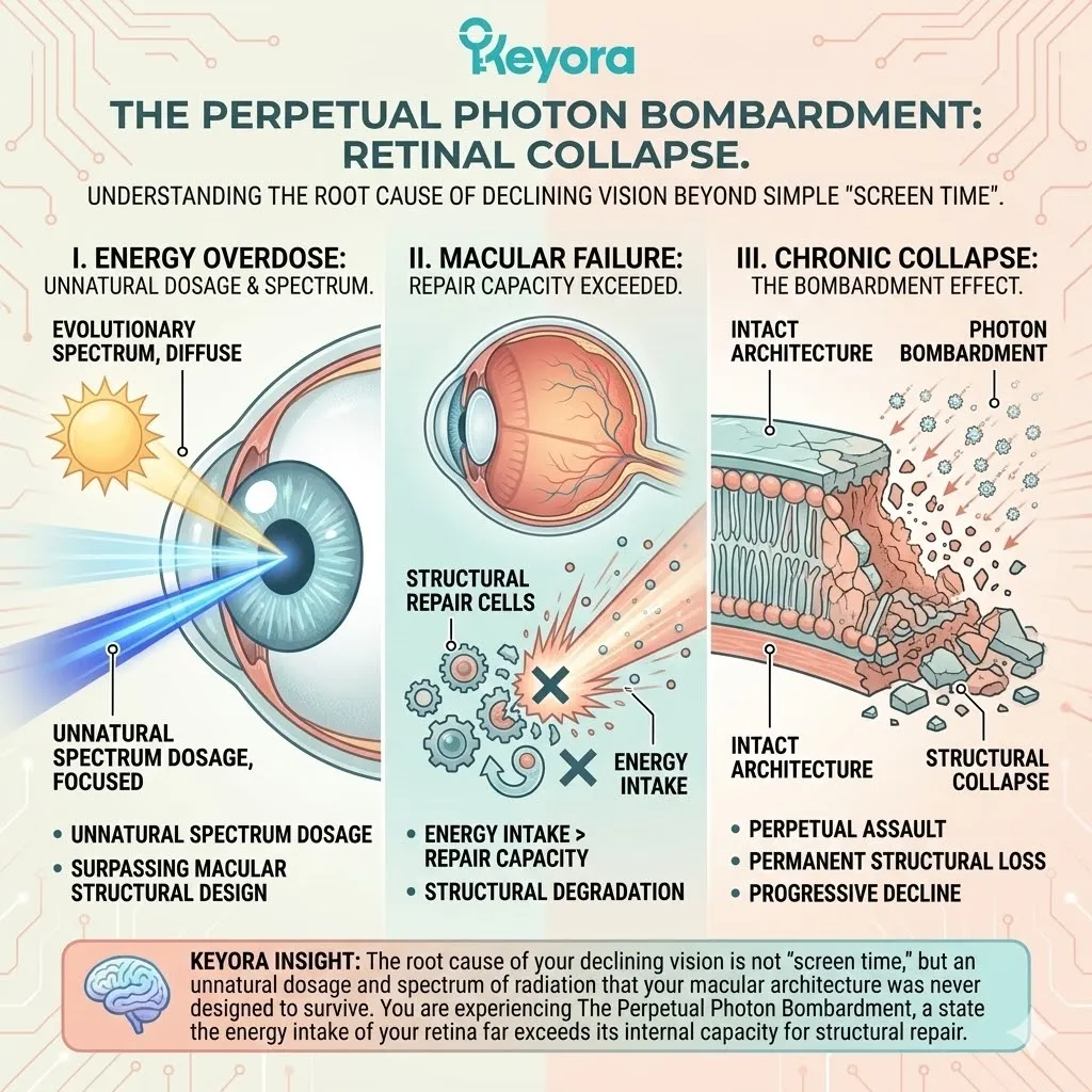 Perpetual Photon Bombardment causes Macular Architecture collapse when radiation dosage exceeds the Four-Drive System capacity for structural repair. Perpetual Photon Bombardment causes Macular Architecture collapse when radiation dosage exceeds the Four-Drive System capacity for structural repair.