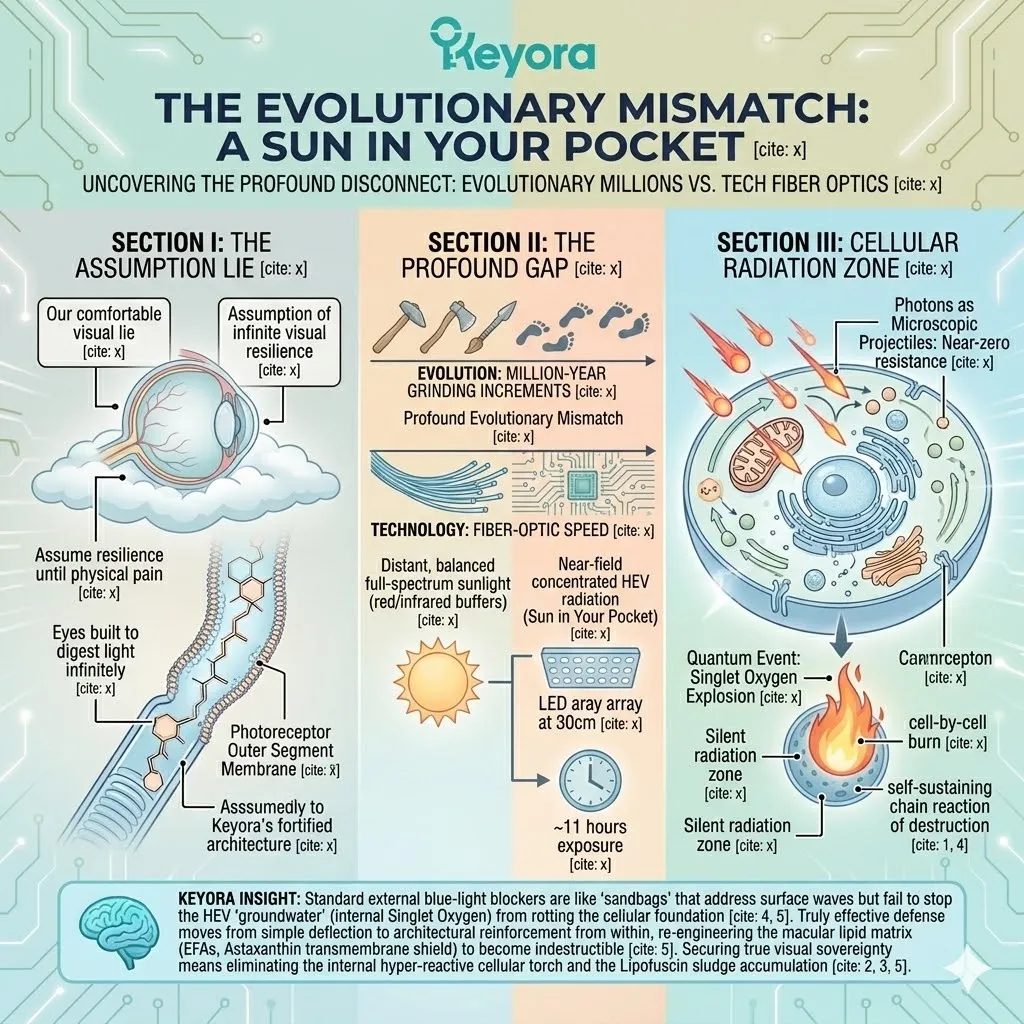 Evolutionary Mismatch occurs when HEV radiation exceeds Four-Drive System resilience, transforming the retina into a silent radiation zone of failure. Evolutionary Mismatch occurs when HEV radiation exceeds Four-Drive System resilience, transforming the retina into a silent radiation zone of failure.